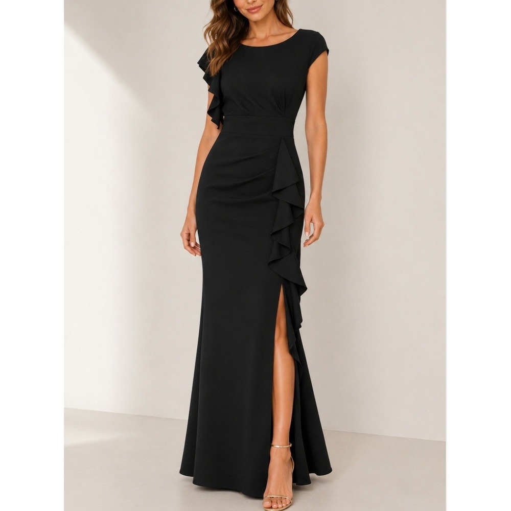 WOOSEA Womens Black Ruffle Sleeve High Slit Evening Gown Dress Large NEW